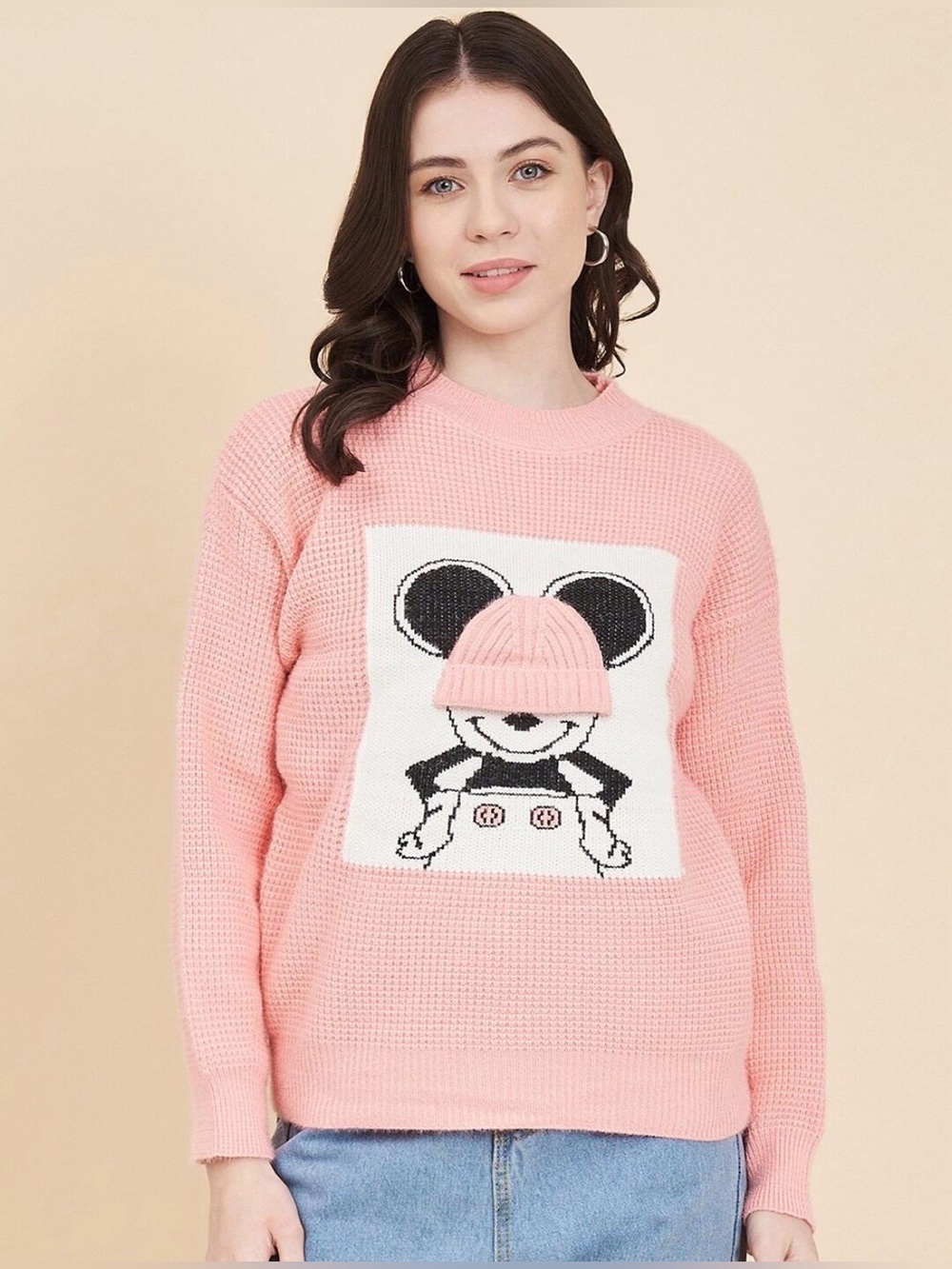Women's Pink Crewneck Graphic Knit Sweater